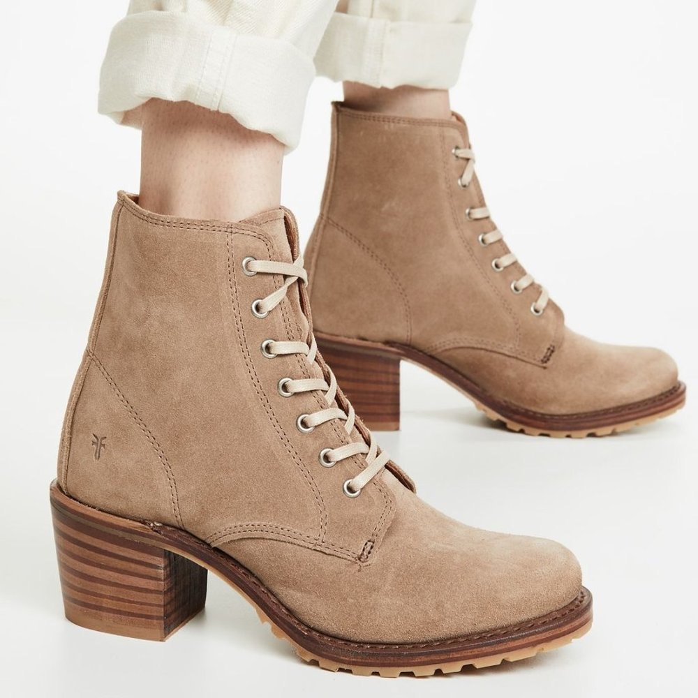 TRENDING Frye Sabrina 6G White Grey Suede Leather Lace Up Moto Combat Ankle Boot - Picture 5 of 16